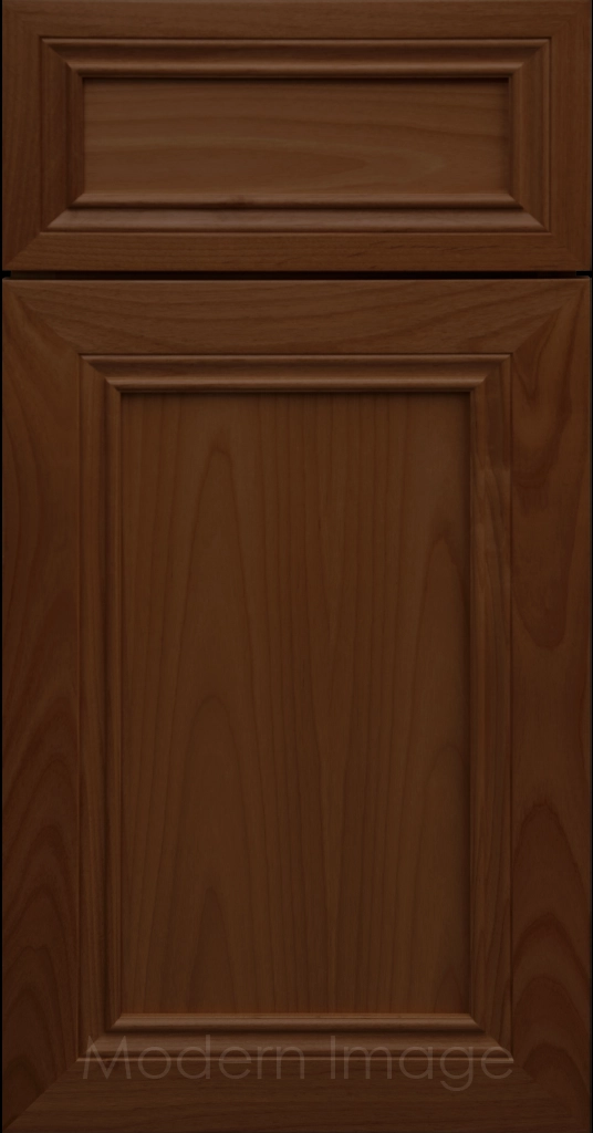 Corona Flat Panel Kitchen Cabinet in Pecan Stain with mitered molding